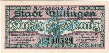 Villingen , Notgeld 50 Pfennig Schein in kfr. Tieste 7600.05.05 , Baden 1918 Verkehrsausgabe