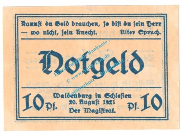 Waldenburg , Notgeld 10 Pfennig Nr.6 -gelblich- in kfr. M-G 1371.22 , Schlesien 1921 Seriennotgeld