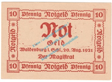 Waldenburg , Notgeld 10 Pfennig Schein -sämisch- in kfr. M-G 1371.16.c , Schlesien 1921 Seriennotgeld