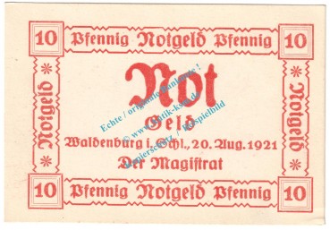 Waldenburg , Notgeld 10 Pfennig Schein -weiss- in kfr. M-G 1371.16.a , Schlesien 1921 Seriennotgeld