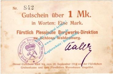 Waldenburg , Notgeld 1 Mark Schein in gbr. Diessner 415.II.1 , Niederschlesien o.D. Notgeld 1914-15