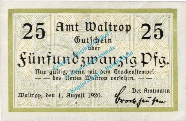 Waltrop , Notgeld 25 Pfennig Schein in kfr. Tieste 7690.05.35 , Westfalen 1920 Verkehrsausgabe