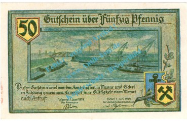 Wanne-Eickel , Notgeld 50 Pfennig Schein in kfr. Tieste 7705.05.10 , Westfalen 1918 Verkehrsausgabe