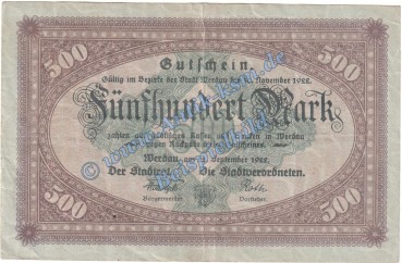 Werdau , Banknote 500 Mark Schein in gbr.E , Müller 4980.1 Grossnotgeld 1922 Sachsen