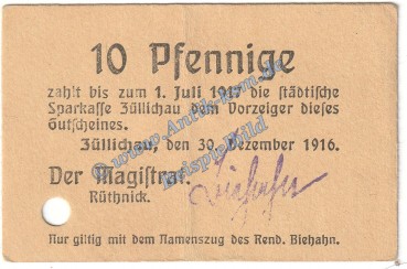 Züllichau , Notgeld 10 Pfennig Schein in gbr.E , Tieste 8280.10.02 , Brandenburg 1916 Verkehrsausgabe