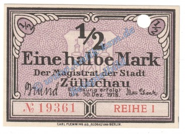 Züllichau , Notgeld 1 halbe Mark Schein in kfr.E Tieste 8280.10.08 , Brandenburg o.D. Verkehrsausgabe