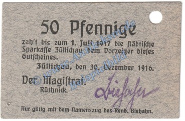 Züllichau , Notgeld 50 Pfennig Schein in kfr.E Tieste 8280.10.03 , Brandenburg 1916 Verkehrsausgabe