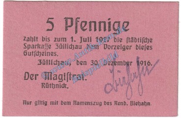 Züllichau , Notgeld 5 Pfennig Schein in kfr. Tieste 8280.10.01 , Brandenburg 1916 Verkehrsausgabe