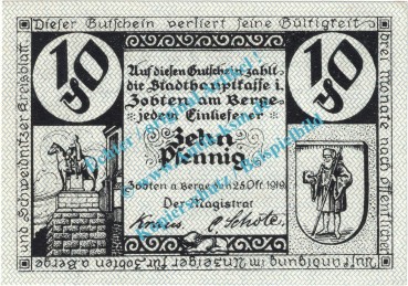 Zobten , Notgeld 10 Pfennig Schein in kfr. Tieste 8250.45.01 , Schlesien 1919 Verkehrsausgabe