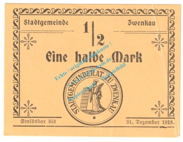 Zwenkau , Notgeld 1 halbe Mark Schein in kfr. Tieste 8300.05.03 , Sachsen o.D. Verkehrsausgabe