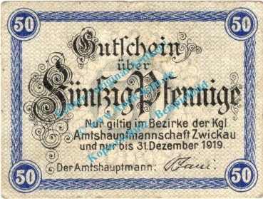 Zwickau , Notgeld 50 Pfennig Schein in kfr. Tieste 8305.05.03 , Sachsen o.D. Verkehrsausgabe