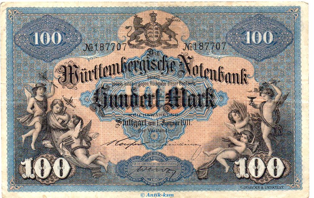 Antik Ksm Landerbanknote 100 Mark Schein In Gbr Wtb 10 A Ros 771 S 979 Vom 01 01 1911 Wurttembergische Notenbank