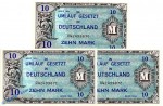 3 x Banknote , 10 Mark Schein in kfr. Kn fortlaufend , US Druck , AMB-4 a , P 194 , von 1944 , Alliierte Militärbehörde