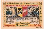 Auenbüll , Notgeld 50 Pfennig -Löwe schwarz- Schein in kfr. M-G 52.3.b , Schleswig 1920 Seriennotgeld