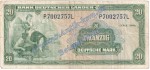 Banknote , 20 Mark Schein in gbr. BRD-5, Ros.260, P.17a von 1949 , Bank deutscher Länder , Kopfgeld