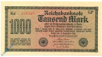 Banknote über 1000 Reichsmark , Wz Dornen , DEU-85 c , P 76 , von 1922 , Weimarer Republik , Inflation