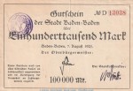 Banknote Baden Baden , 100.000 Mark Schein in gbr. Keller 210.c , 07.08.1923 , Baden Großnotgeld Inflation