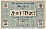 Banknote Baden Baden , 5 Mark Schein in kfr. Geiger 026.03 , 22.10.1918 , Baden Großnotgeld