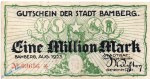 Banknote Bamberg , 1 Million Mark Schein in gbr. Keller 225.a , 1923 , Bayern Großnotgeld Inflation