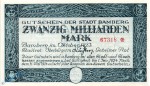 Banknote Bamberg , 20 Milliarden Mark Schein in l-gbr. Keller 225.d , 1923 , Bayern Großnotgeld Inflation