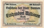 Banknote Barmen , 100 Millionen Mark Schein in gbr. Keller235.f , 24.09.1923 , Rheinland Großnotgeld Inflation