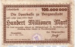 Banknote Bergneustadt , 100 Millionen Mark Schein in gbr. Keller 332.c , 01.10.1923 , Rheinland Großnotgeld Inflation