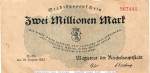 Banknote Berlin , Magistrat , 2 Millionen Mark Schein in gbr. Keller 339.g , 25.08.1923 , Brandenburg Großnotgeld Inflation