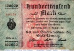 Banknote Chemnitz , 100.000 Mark Schein in gbr. Keller 740.b , 10.08.1923 , Sachsen Großnotgeld Inflation