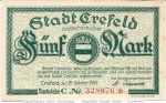 Banknote Crefeld , 5 Mark Schein in kfr. Geiger 086.08.a-b , 21.10.1918 , Rheinland Großnotgeld