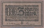 Banknote Dresden Altstadt , 10 Mark Schein in gbr. Geiger 110.02 von 1918 , Sachsen Grossnotgeld