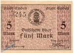 Banknote Stadt Emden , 5 Mark Schein in kfr. Geiger 131.02-04 , o.D. - 1919 , Niedersachsen Großnotgeld