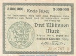 Banknote Kreis Alzey , 3 Millionen Mark Schein in gbr. Keller 87.f , 27.08.1923 , Hessen Großnotgeld Inflation