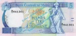 Banknote Malta , 5 Liri Schein -Tauben Li.- von 1967-1989 in unc - kfr