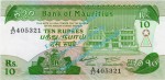 Banknote Mauritius , 10 Rupien Schein -Gebäude mit Flagge- ND 1985 in unc - kfr