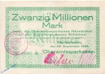 Banknote Neresheim , 20 Millionen Mark Schein in f-kfr. Keller 3758.a , 28.09.1923 , Württemberg Großnotgeld