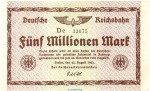 Banknote Reichsbahn , 5 Millionen Mark Schein in f-kfr. RVM-3.b , S.1013 , von 1923 , deutsche ReicBanknote Reichsbahn , 5 Millionen Mark Schein in f-kfr. RVM-3.b , S.1013 , von 1923 , deutsche Reichsbahn - Inflationhsbahn - Inflation