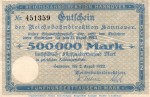 Banknote Reichsbahn Hannover , 500.000 Mark Schein gbr. Keller 2165.c von 1923 , Niedersachsen Inflation
