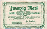 Banknote Sorau , 20 Mark Schein in gbr. E , Geiger 502.03.b , 1918 , Brandenburg Großnotgeld