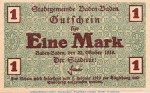 Banknote Stadt Baden-Baden , 1 Mark Schein in kfr. Geiger 026.01 , von 1918 , Baden Großnotgeld