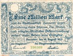 Banknote Stadt Hannover , 1 Million Mark Schein in gbr. Keller 2148.b.2 , von 1923 , Niedersachsen Inflation