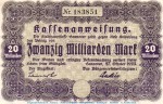 Banknote Stadt Hannover , 20 Milliarden Mark Schein in f-kfr. Keller 2148.e von 1923 , Niedersachsen Inflation