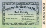 Banknote Stadt Kettwig , 500.000 Mark Schein in L-gbr. Keller 2611.b , von 1923 , Rheinland Inflation