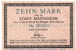 Banknote Stadt Mannheim , 10 Mark nicht entwertet in kfr. Geiger 343.02.a , o.D. Baden Großnotgeld