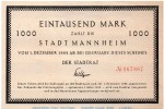 Banknote Stadt Mannheim , 1.000 Mark Schein in kfr. Müller 2825.2.b , o. D. Baden Württemberg Großnotgeld