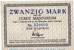 Banknote Stadt Mannheim , 20 Mark nicht entwertet in kfr. Geiger 343.03.a , o.D. Baden Großnotgeld