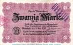 Banknote Stadt Remscheid , 20 Mark Schein in gbr.E Geiger 443.02 , von 1918 , Rheinland Großnotgeld
