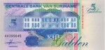 Banknote Suriname , 5 Gulden Schein -Bankgebäude- von 1991 in unc - kfr