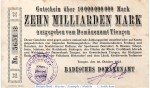 Banknote Tiengen , Domänenamt , 10 Milliarden Mark Schein in gbr. Keller 5171.c , 26.10.1923 , Baden Großnotgeld Inflation