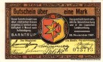 Barntrup , Notgeld 1 Mark Schein -übersdruß- unc-kfr. M-G 66.1.F , Westfalen 1921 Seriennotgeld