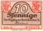 Beuthen , Notgeld 10 Pfennig Schein unc-kfr. Ti.0570.10.05 , Schlesien o.D. Verkehrsausgabe